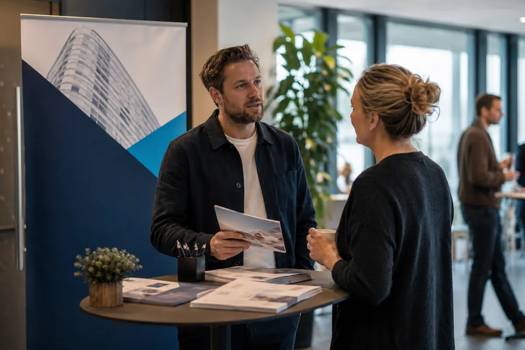 Två företagare träffas på mässa